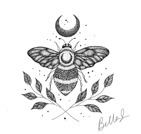 Bee Goddess Tattoo, Vintage Bee Tattoo Ideas, Celestial Bee Tattoo, Goth Bee Tattoo, Ornamental Bee Tattoo, Moon Bee Tattoo, Witchy Bee Tattoo, Bee And Moon Tattoo, Skull Bee Tattoo