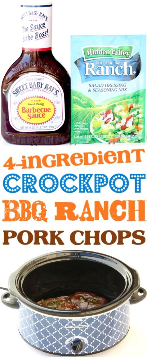 Crockpot Pork Chops Easy Ranch BBQ Recipe!  This simple pork chop barbeque recipe is the perfect solution for busy weeknights!  Just 4 ingredients and you're done! Crockpot Pork Chops Easy, Pork Chops Crock Pot, Pork Chops Easy, Slow Cooker Pork Chops Recipes, Ranch Pork Chops Crock Pot, Pork Chop Recipes Crockpot, Bbq Pork Chops, Ranch Pork Chops, Barbeque Recipes