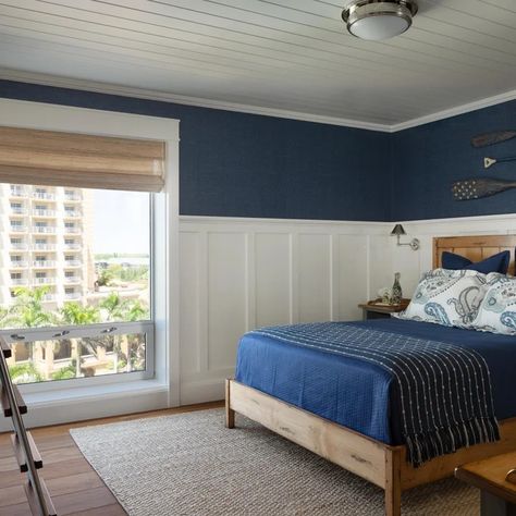 75 Beautiful Bedroom with Blue Walls and Timber Ideas & Designs - June 2024 | Houzz AU White Board And Batten Bedroom, Wainscoting Bedroom Master, Windowless Bedroom, Feature Walls Ideas, Blue Board And Batten, Board And Batten Bedroom, White Board And Batten, Bedroom Wainscoting, Old House Remodel