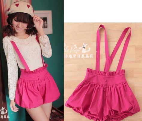 Pretty Girls Lolita Sweet elegant Pink High Waist suspender shorts Skirts Shorts With Suspenders, Pink Suspenders, Suspender Shorts, Shorts Skirts, J Fashion, Soft Girl, Blouse Dress, Cottage Core, Suspenders