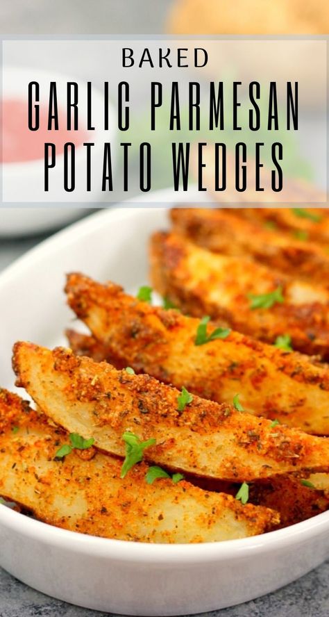 These Baked Garlic Parmesan Potato Wedges are crispy, seasoned with zesty spices and Parmesan, and roasted in the oven to perfection. Super easy to make with simple ingredients, you can skip the fast food restaurant and make your own healthy fries! #baked #potatowedges #parmesan #garlic #easy #crispy #recipe Baked Garlic Parmesan Potato Wedges, Garlic Parmesan Potato Wedges, Parmesan Potato Wedges, Potato Baked, Healthy Fries, Parmesan Potato, Garlic Parmesan Potatoes, Potato Wedges Recipe, Potato Wedges Baked