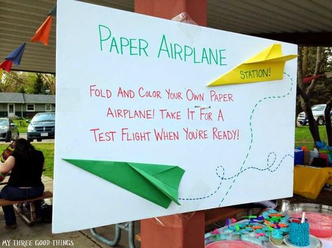 Plane Party Games, Transportation Birthday Party Games, Paper Airplane Birthday Party, Girls Airplane Birthday Party, Airplane Party Games, Paper Airplane Contest, Paper Airplane Party, Aviation Party, Plane Birthday