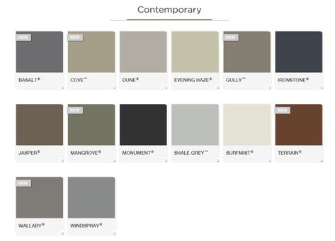 colorbond contempory colour chart Colourbond Roof, Colourbond Colours, External Render, Colorbond Roof, Garage Door Colors, Exterior House Paint Color, Exterior Paint Schemes, Coastal Paint, Paint Color Combinations