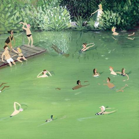 Wild Swimming by Jenni Murphy Swimmer Illustration, Swimming Illustration, Swimming Nature, Amy Sillman, Landscape With Figures, Sea Swim, Lake Swimming, Shark Man, Greece Summer