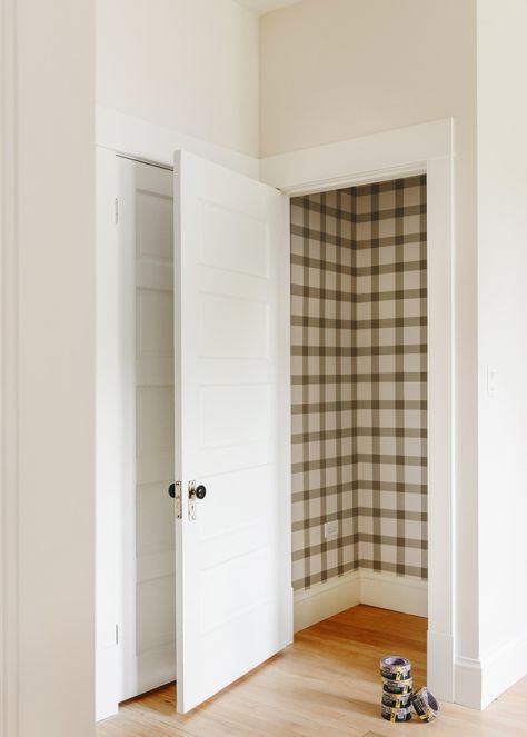 Our Plaid Pantry DIY! - Yellow Brick Home Pantry Wallpaper, Diy Plaid, Pantry Diy, Home Town Hgtv, Bright Paint Colors, Plaid Diy, Painted Closet, Bold Paint Colors, Yellow Brick Home