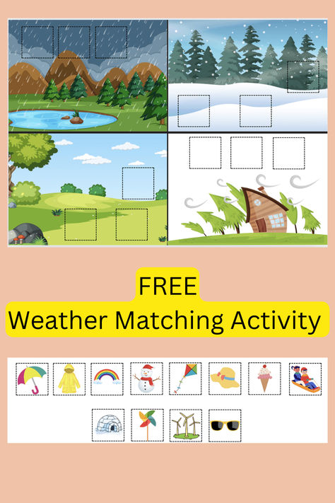 Looking for a fun and educational activity for kids? Download this free printable weather matching activity! Perfect for toddlers, preschoolers, and kindergarteners. Weather For Toddlers, Weather Activities For Toddlers, Weather Printables, Word Family Worksheets, Montessori Toddler Activities, Weather Activities, Educational Activities For Kids, Easy Drawings For Kids, Matching Activity