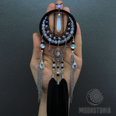 Handmade Dreamcatcher, Rear View Mirror Charm, Dream Catcher Boho, Hanging Crystals, Ancient Knowledge, Moonstone Beads, Suede Cord, Crystal Accessories, Black Thread