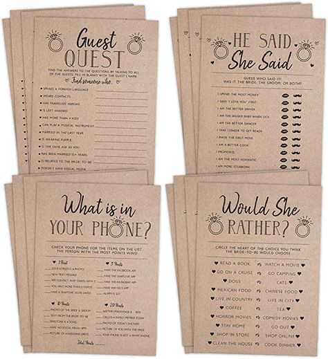 Amazon.com: Bridal Shower Bachelorette Games, Rustic Kraft, He Said She Said, Find The Guest Quest, Would She Rather, What's In Your Phone Game, 25 games each : Home & Kitchen Rustic Bridal Shower Games, Would She Rather, Find The Guest, Wedding Game, Bridal Shower Inspo, Bridal Bingo, Bridal Shower Planning, He Said She Said, Bachelorette Games