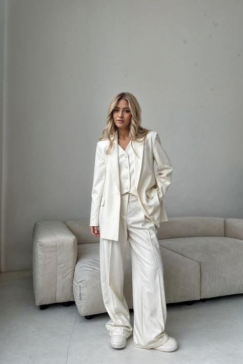 A stunning white women's three-piece suit is coming soon to our store! This elegant ensemble combines a sleek blazer, tailored vest, and perfectly fitted trousers for a look that’s both timeless and modern.

SUBSCRIBE Tailored Vest, Womens Style, Three Piece Suit, Evening Outfits, Fitted Trousers, Glam Fashion, Three Piece, Matching Outfits, Wedding Outfit