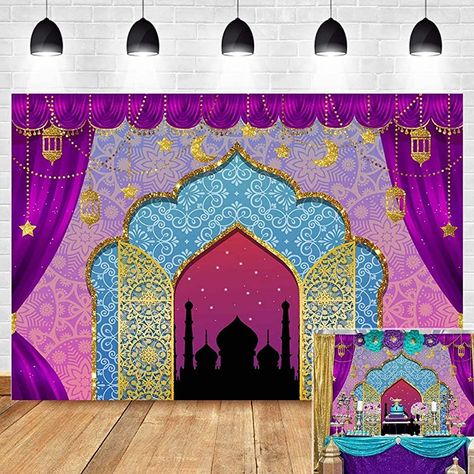 Purple Curtain, Aladdin Birthday Party, Arabian Nights Theme, Princess Jasmine Birthday Party, Arabian Nights Party, Blue Castle, Castle Birthday, Moroccan Nights, Princess Birthday Party Decorations