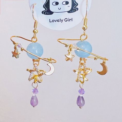 Earring Star, Planet Earrings, Purple Chalcedony, Chalcedony Earrings, Earrings Purple, Star Moon, Fancy Jewelry, Fairy Core, Cute Earrings