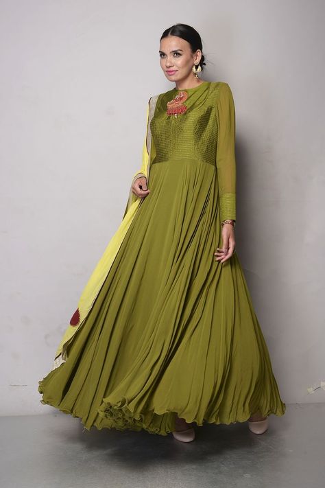 Olive Green Chiffon Anarkali with Yellow Dupatta | AAS Couture Chiffon Anarkali, Yellow Dupatta, Designer Wear, Festival Wear, Indian Wear, Anarkali, Indian Fashion, Olive Green, Latest Fashion