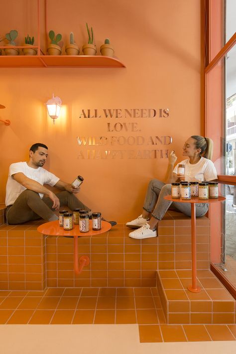 Bright Cafe Aesthetic, Orange Coffee Shop, Modern Cafe Design, Terracotta Interior, Orange Restaurant, Orange Cafe, Orange Tile, Orange Store, Superfood Bowl