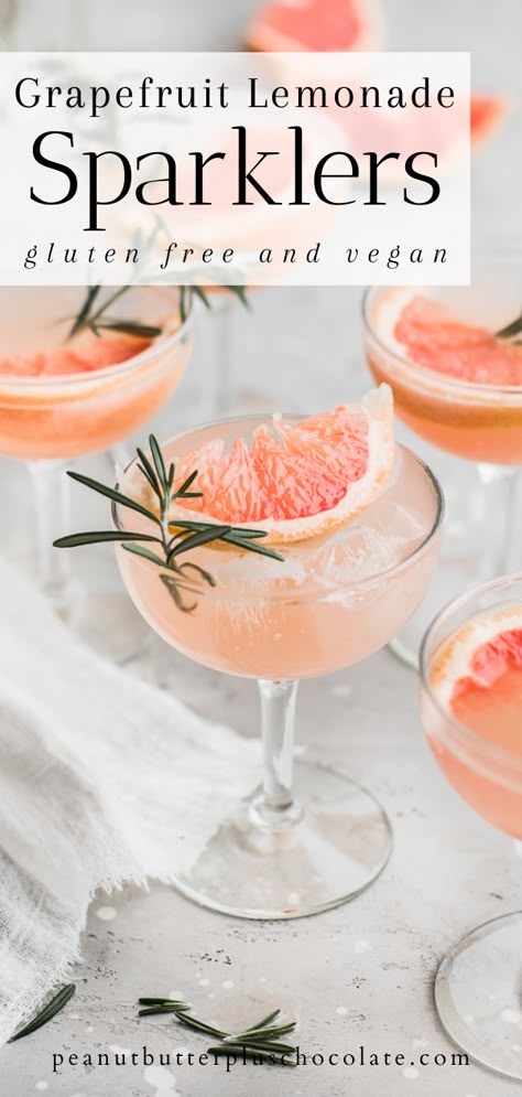 Grapefruit Lemonade Sparklers - Gluten Free and Vegan Drinks. Pink drink in a vintage glass, topped with a grapefruit and rosemary. Gluten Free Cocktails Alcohol, Gluten Free Drinks Alcohol, Gluten Free Mocktail, Wedding Mocktails, Gluten Free Alcoholic Drinks, Grapefruit Lemonade, Gluten Free Cocktails, Rosemary Lemonade, Cocktail Corner