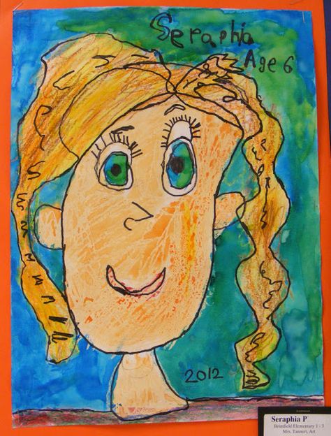 portrait: crayon & watercolor background  Field Elementary Art Blog! Portraits For Kids, Self Portrait Drawing, Self Portrait Art, Self Portraits, Elementary Art Projects, Kindergarten Art, Art Lessons Elementary, Art Lesson Plans, Portrait Ideas