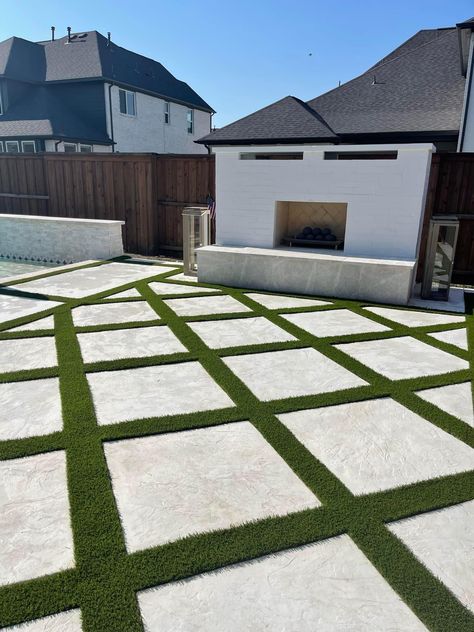 Diamond Turf Backyard, Grass And Concrete Squares, Concrete Grass Backyard, Cement Patio Ideas Front Yard, Concrete Slabs With Turf, Concrete And Grass Patio, Backyard Turf And Concrete, Concrete Grass Pavers, Concrete And Fake Grass Backyard