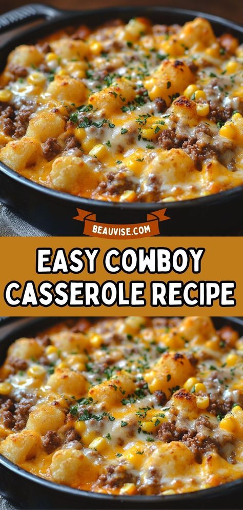 If you’re searching for a family-friendly meal that’s equal parts hearty and delicious, look no further than Cowboy Casserole. This dish is a crowd-pleaser, combining savory beef, creamy sauce, sweet corn, and crispy tater tots in a single, satisfying bite. #cooking #recipe #baking #dinner #tasty #desserts #food Creamy Ranch Beef Bow Tie Corn, Ez Dinner Ideas Simple, Cowboy Crunch Bowls, Cheap Dinner Meals Families, Easy Kid Dinner Ideas, Quick And Easy Dinner Recipes Cheap, Quick Dinner Meals For Family, Easy Quick Casseroles For Dinner, Best Family Meals