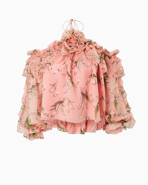 Floral-Print Chiffon Top With Rosette - Ready-to-Wear | Carolina Herrera Applique Blouse, Shell Pink, Floral Print Chiffon, Ruffle Long Sleeve, Everything Pink, Fashion 2024, Halter Neckline, Chiffon Top, Carolina Herrera