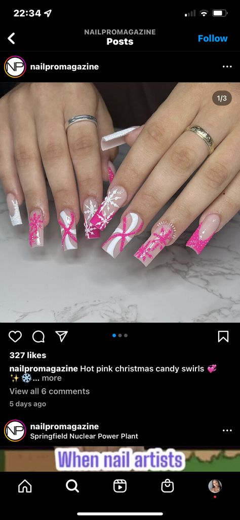 Christmas Nails Hot Pink, Hot Pink Christmas Nails, Hot Pink Christmas, Nails Hot Pink, Pink Christmas Nails, Nails French Tip, Nails French, Christmas Candy, Pink Christmas