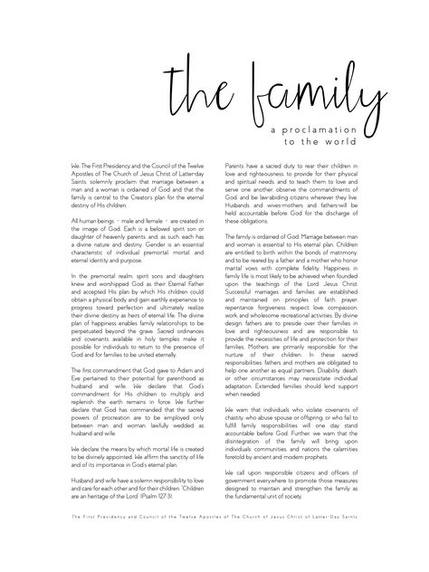 The Family Proclamation, The Family A Proclamation To The World, Family Proclamation, Proclamation To The World, Wall Sayings, Articles Of Faith, House Deco, Lds Church, Lds Quotes