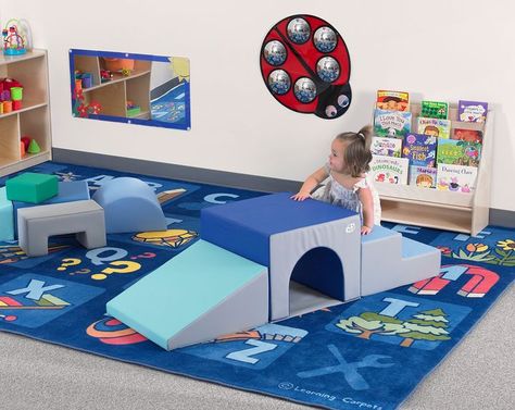 In Home Daycare Ideas Decorating, Toddler Play Corner, Infant Play Area In Living Room, Home Daycare Rooms Setup, In Home Daycare Set Up, Baby Play Area, Bubble Mirror, Sunny Meadow, Kids Mirrors