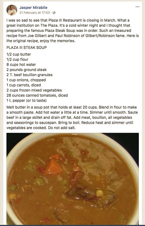 Kc Steak Soup, Plaza Iii Steak Soup Kansas City, Plaza Three Steak Soup, Plaza 3 Steak Soup, Lunchroom Recipes, Steak Soup Recipes, Autumn Soups, Kansas City Steak, Steak Soup