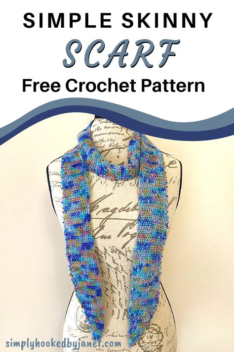 This crochet scarf is a simple scarf to follow. It is a great project for someone who has never worked with a fingering weight yarn before. A skinny scarf that comes to a point at each end. Perfect for spring or summer crochet. | A free crochet pattern by Simply Hooked by Janet | #crochetscarf #freecrochetpattern #easycrochetpattern Crochet Daisy Scarf, Crochet Small Scarf, Small Crochet Scarf, Crochet Summer Scarf Pattern Free, Child Scarf Crochet Pattern Free, Simple Crochet Scarf Pattern, Simple Crochet Scarf, Lightweight Crochet Scarf, Crochet Scarf Free Pattern