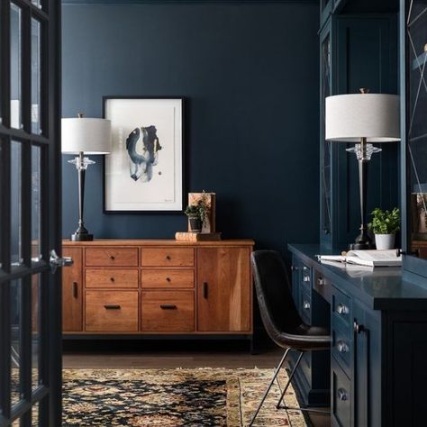 Dark Night SW 6237 - Blue Paint Color - Sherwin-Williams Blue Bedroom Paint, Dark Blue Paint Color, Dark Blue Rooms, Navy Blue Paint Colors, Blue Paint Color, Dark Blue Bedrooms, Blue Painted Walls, Blue Wall Colors, Dark Blue Paint