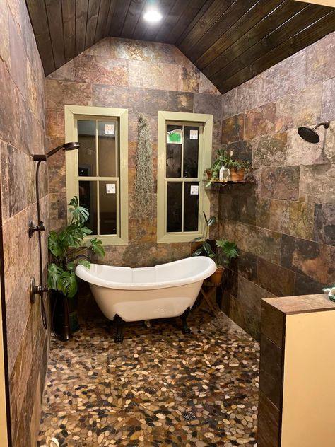 Farmhouse Shower Bath Combo, Huge Walk In Shower With Tub, Showers With Bathtubs Inside, Soaker Tub In Shower Master Bath, Tub In Bay Window, Rustic Walk In Shower Ideas Stone, Walk In Shower With Tub Inside No Door, Open Concept Shower Walk In, Rustic Bathtub Shower Combo