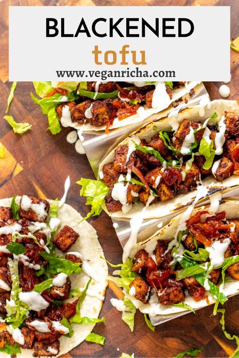 Blackened Tofu Tacos with Caramelized BBQ Onions are packed with delicious flavor and exciting textures! Gluten-free. Bbq Onions, Blackened Tofu, Vegan Burritos, Vegan Tacos Recipes, Tofu Tacos, Vegan Barbecue, Vegan Richa, Mole Sauce, Vegan Mexican Recipes