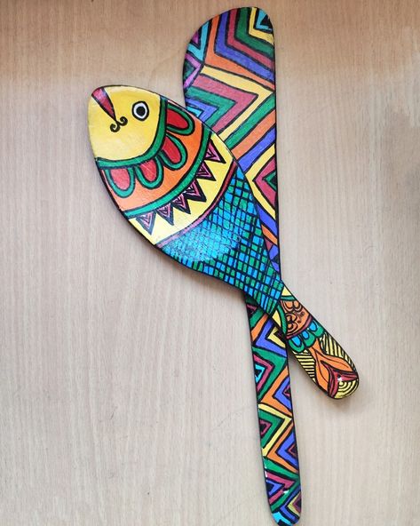 Wooden Spatula Art, Broken wooden spatula Wooden Spoon Crafts Wall Art, Painted Spoons Wooden Kitchen Art, Ladle Painting, Wooden Spatula Painting, Wooden Spoon Painting, Wooden Spoon Art, Kulo Art, Spatula Art, Painting Spatula