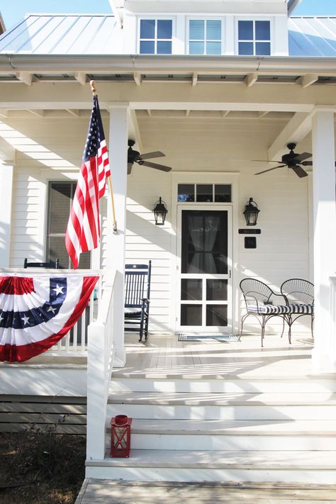 Patriotic front porches at Carlton Landing - www.pencilshavingsstudio.com Landing Interior Design, Patriotic Front Porch, City Interior Design, Carlton Landing, Americana Farmhouse, Colonial Beach, City Interior, Pencil Shavings, New Urbanism