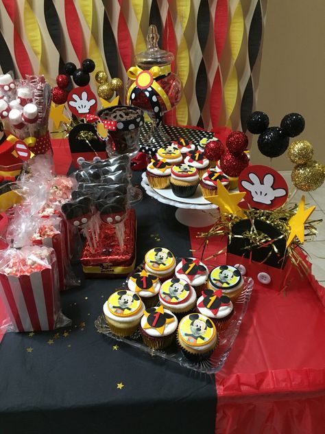 Mickey Mouse candy table for 1st birthday. Mickey Mouse Candy Table, Easy Birthday Treats, Cake Table Decorations Birthday, Mouse Candy, Candy Table Decorations, Mickey Mouse Party Decorations, Mickey Mouse Birthday Decorations, Mickey Mouse Theme, Cake Table Decorations