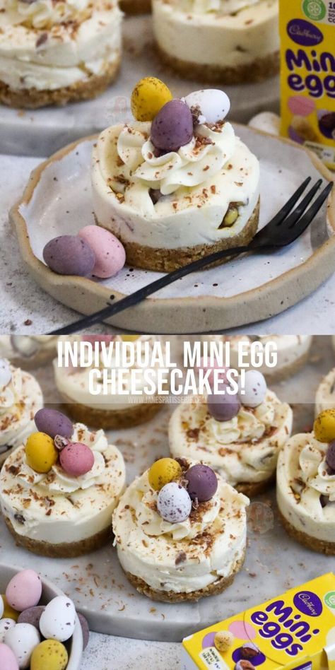 Individual Mini Egg Cheesecakes! - Jane's Patisserie Easter Cheesecakes, Mini Egg Cheesecake, Mini Egg Recipes, Orange Cheesecake Recipes, Mini Eggs Cake, Easter Platter, Easter Cheesecake, Easter Feast, Individual Cheesecakes