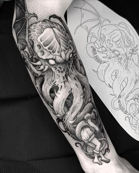 Octopus Skull Tattoo, Cthulhu Tattoo, Octopus Skull, Rabe Tattoo, Octopus Tattoo Sleeve, Diy Tattoo Permanent, Octopus Tattoo Design, Octopus Tattoos, Tattoos Mandala