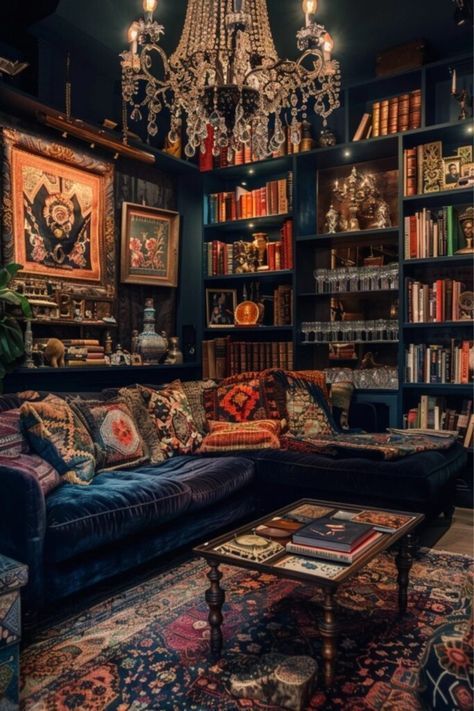 Living Room Designs Boho, Dark Maximalist, Dark Maximalism, Bohemian Lounge, Dark Boho Living Room, Maximalist Living Room, Gothic Bohemian, Boho Living Room Ideas, Dark Boho