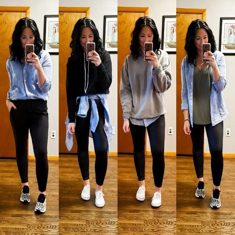 Black Leggings Jean Shirt Outfit, Chambray Shirt Under Sweater, Blue Shirt Black Leggings Outfit, Black Jeans Chambray Shirt Outfit, T Shirt And Leggings Outfit Fall, Leggings And Denim Shirt, Black Top Outfit Casual, Blue Jean Shirt Outfits, Chambray Shirt Outfit