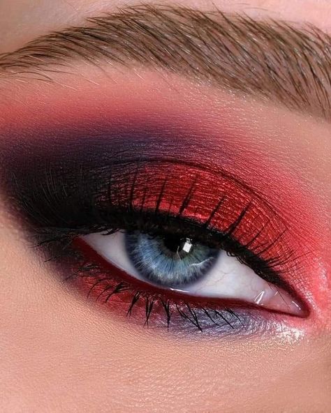 Grey And Red Makeup Looks, Red Metallic Eye Makeup, Goth Red Makeup Looks, Red Halloween Eyeshadow, Red And Black Eye Shadow Looks, Red Gothic Makeup Look, Red Eyeshadow For Blue Eyes, Emo Red Makeup Looks, Green Eyes Red Eyeshadow