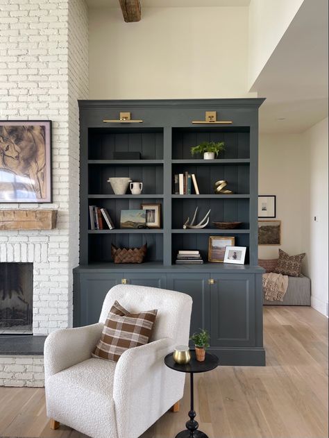 #diycabinets #builtins #blackbarnhome #newhome #newhomeconstruction #brickfireplace #farrowandball #downpipe Downpipe Living Room, Tv Built In, Basement Office, Grey Slate, House Farm, Black Barn, Navy Style, Room Black, Diy Cabinets