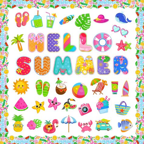 PRICES MAY VARY. 🌴【Summer Bulletin Board Decorations】This Hello Summer Cutouts set contains 42 pieces of colorful summer cutouts, 16 pieces of Hawaiian themed bulletin board border cardstock, and 5 sheets of glue dots (for a total of 100 glue points) for all your decorating and crafting needs. 🌊【Beautifully Designed】Our Summer Bulletin Board Decorations Set is innovatively designed with summer elements, watermelon, sun, umbrella, sunglasses, tropical fish, beach chairs, etc., and embellished w Summer Bulletin Board, Summer Elements, Birthday Chart, Summer Bulletin Boards, Bulletin Board Borders, Bulletin Board Decor, Hawaiian Theme, Theme Classroom, Game Party