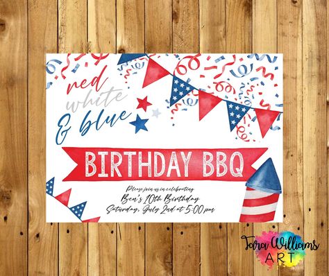 "'Merica!! Perfect for those summer BBQs celebrating birthdays, engagements, Independence Day, or just a day by the pool! INVITATION IS DIGITAL. NOTHING WILL BE PHYSICALLY SHIPPED TO YOU PLEASE READ Fully customizable invitations! Choose and purchase your design. Email me with your preferred wording/text, name, shower date, location, RSVP details, photo, etc. to tarawilliamsart@gmail.com or add in the \"Notes to Seller\" section. Within 3 BUSINESS DAYS, you will receive a proof via your Etsy registered email address. I will work with you until you are happy :)  Once the proof is approved, you will receive your high resolution file within 24 hours to print at home or your favorite photo shop! All designs can be made with or without a photo. Fonts and colors are customizable. Once the final Memorial Day 1st Birthday Party, 4th Of July 3rd Birthday Party, Labor Day Birthday Party Kids, Americana Birthday Party, July Birthday Party Ideas Kids, Memorial Day Birthday Party, Fourth Of July 1st Birthday Party, July 1st Birthday Party Ideas, Red White And Blue Birthday Party