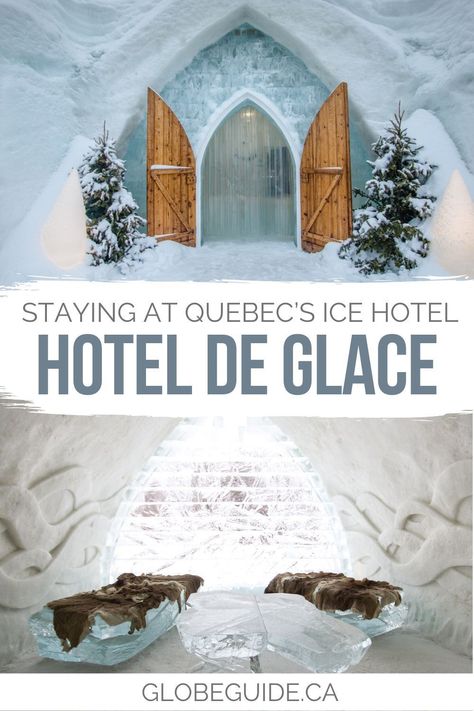 Visiting the Hôtel de Glace at Village Vacances Valcartier is one of the best things to do in Quebec in winter. Here's what it's like to stay overnight at the Quebec ice hotel. Canada travel | Canada photography | Quebec travel Quebec Travel, Things To Do In Quebec, Quebec Winter Carnival, Quebec Winter, Backpacking Canada, Village Ideas, Canada Holiday, Ice Hotel, Canada Photography