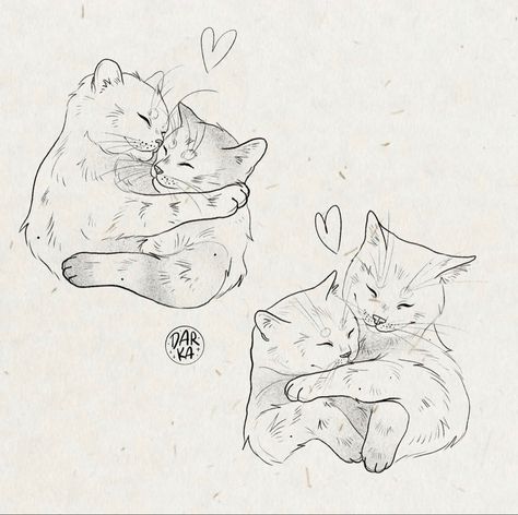 Cats Inlove Drawing, Woman And Cat Drawing, Cat Lover Drawing, 2 Cats Together Tattoo, Cats Cuddling Tattoo, Cat Tattoo Designs Sketches, Two Cats Together Drawing, 2 Cats Tattoo Simple, 3 Cats Together Drawing