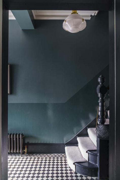 Hallway Paint Colors, Blue Hallway, Two Tone Walls, Hallway Paint, Inchyra Blue, Hallway Colours, Dark Hallway, Elegant Entryway, Dark Paint Colors