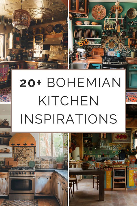 A collage showcasing various Bohemian kitchen designs, featuring rich colors, varied textures, and eclectic decor to inspire a lively kitchen makeover. Eclectic White Kitchen, Romani Kitchen, Boho Kitchen Remodel Ideas, Small Bohemian Kitchen, Boho Countertop, Earthy Boho Kitchen, Kitchen Cabinet Color Ideas Boho, Boho Kitchen Colors Schemes, Boho Small Kitchen