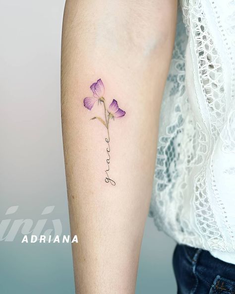 Violet Flower Name Tattoo, Viola Tattoo Flower, Violet Watercolor Tattoo, Iris Line Tattoo, Simple Iris Tattoo, Viola Tattoo, Iris Flower Tattoos, Dainty Tattoos For Moms With Kids, Flower Tats