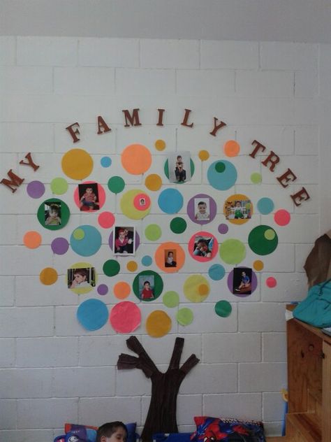 Childcare Family Tree, Family Photo Wall Ideas Daycare, Family Tree Ideas For Classroom Wall, Family Photo Board For Classroom, Family Wall Decor Classroom, Preschool Family Board, Family Boards Preschool Display, Family Display Classroom, Family Tree Childcare