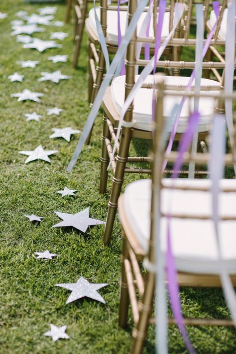 Line the aisle with pretty sparkly stars #weddingplanning #weddinginspo #weddingday #stars #celestialweddingdecor #weddingdecor #ceremony Celestial Guest Book, Celestial Wedding Aisle, Celestial Outdoor Wedding, Celestial Wedding Ceremony, Diy Celestial Wedding Decor, Celestial Wedding Centerpieces, Starfall Wedding, Star Wedding Theme, Written In The Stars Wedding