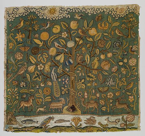 e Tree of Life, first half of 17th century  English  Canvas worked with silk thread; tent, Gobelin, and couching stitches   22 1/2 x 24 1/8 in. (57.1 x 63.1 cm)  Gift of Irwin Untermyer, 1964 Medieval Tapestry, Tree Of Life Art, Antique Samplers, Nature Posters, The Tree Of Life, Antique Textiles, Nature Wall, Art Textile, Nature Wall Art