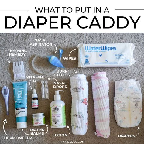 Diaper Caddy Essentials, Essentials For Newborn, Baby Nursery Organization, Baby Care Essentials, Baby Room Organization, Newborn Mom, Newborn Baby Tips, Diaper Caddy, Baby Life Hacks